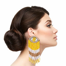 Load image into Gallery viewer, Yellow Seed Bead Evil Eye Fringe Earrings
