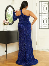 Load image into Gallery viewer, seomiscky Plus One Shoulder Mesh Panel Split Thigh Sequin Formal Dress
