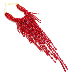 Red Pearl Fringe Necklace Set