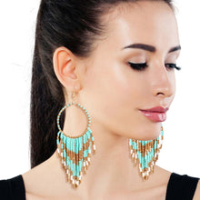 Load image into Gallery viewer, Turquoise and Gold Bead Fringe Circle Earrings
