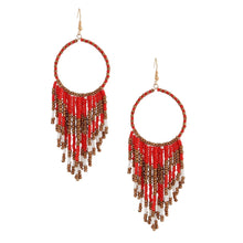 Load image into Gallery viewer, Red and Gold Bead Fringe Circle Earrings
