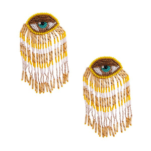 Yellow and Gold Bead Eye Fringe Earrings