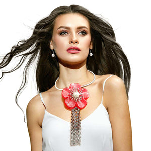 Marbled Red Flower Fringe Necklace