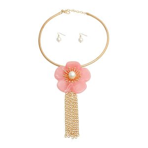 Marbled Pink Flower Fringe Necklace