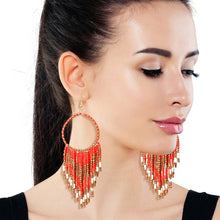 Load image into Gallery viewer, Red and Gold Bead Fringe Circle Earrings
