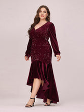Load image into Gallery viewer, Elegant V Neck High-Low Plus Size Sequin &amp; Velvet Party Dress
