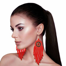 Load image into Gallery viewer, Red Seed Bead Fringe Round Earrings
