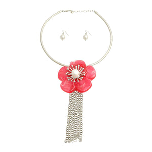 Marbled Red Flower Fringe Necklace