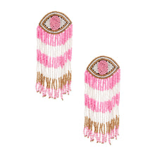 Load image into Gallery viewer, Pink Seed Bead Evil Eye Fringe Earrings
