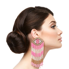Load image into Gallery viewer, Pink Seed Bead Evil Eye Fringe Earrings
