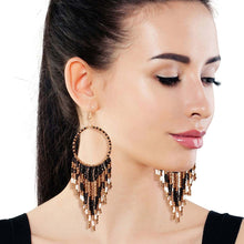 Load image into Gallery viewer, Black and Gold Bead Fringe Circle Earrings
